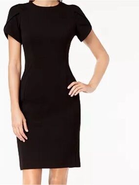 Calvin Klein Tulip Sleeve Knee Length Sheath Dress Black Gold Zip Size 8 Midi